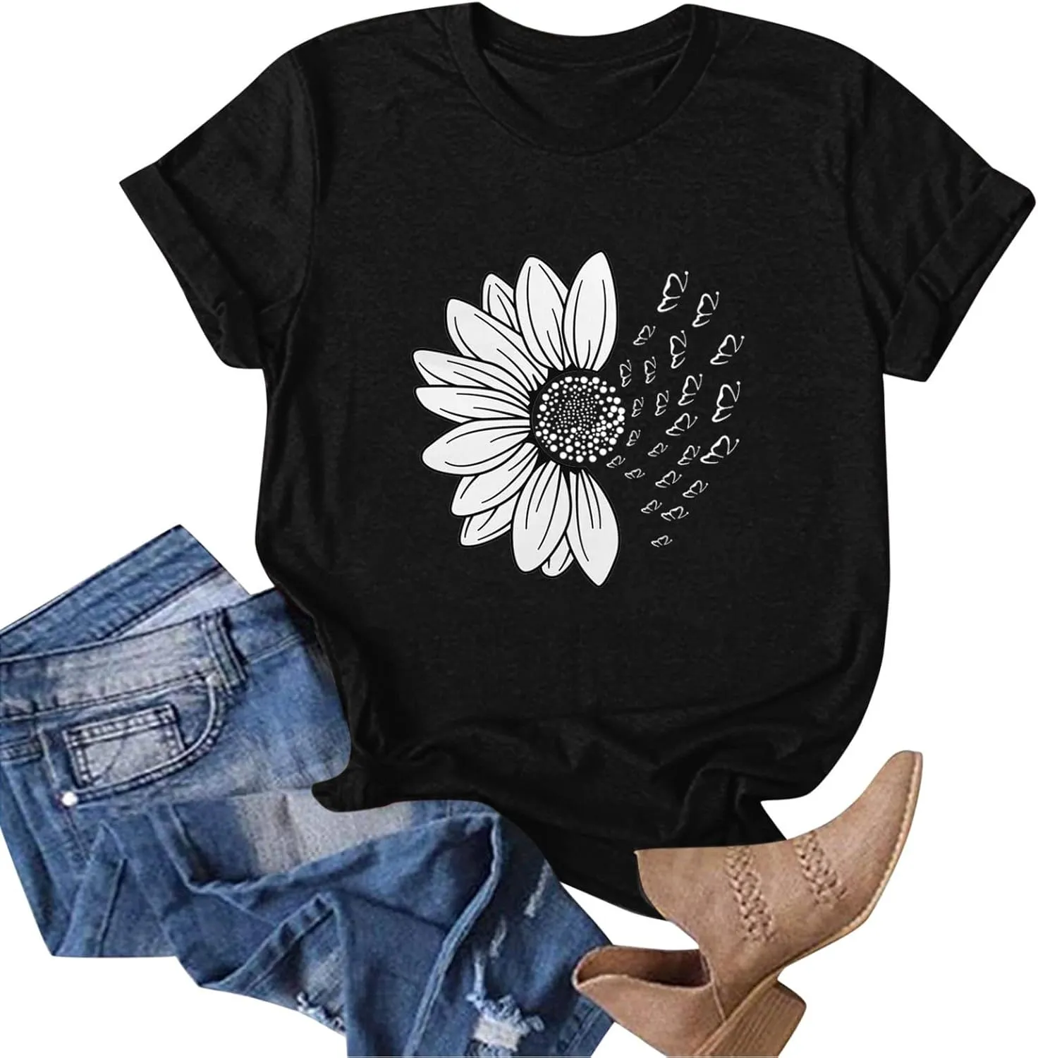 Womens Sunflower Butterfly Graphic T Shirts Plus Size Summer Short Sleeve Crewneck Tees Casual Loose Lightweight Top