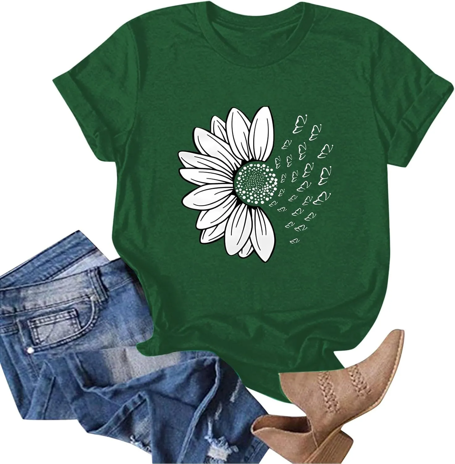 Womens Sunflower Butterfly Graphic T Shirts Plus Size Summer Short Sleeve Crewneck Tees Casual Loose Lightweight Top