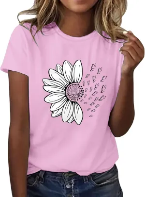 Womens Sunflower Butterfly Graphic T Shirts Plus Size Summer Short Sleeve Crewneck Tees Casual Loose Lightweight Top