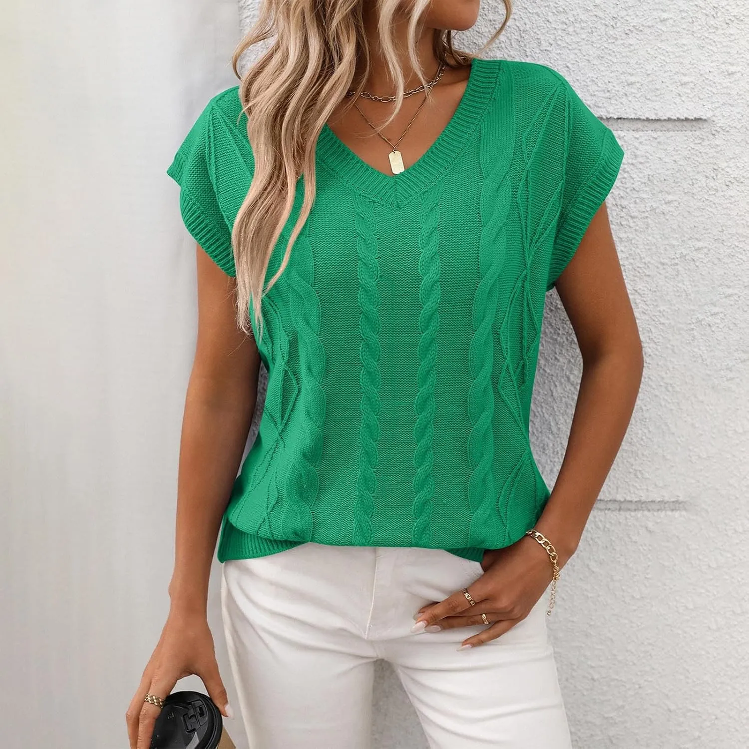 Womens Sweater Vest 2025 Summer V Neck Casual Cap Sleeve Shirts Loose Comfy Soft Cable Knit Pullover Tops Tunic Blouse