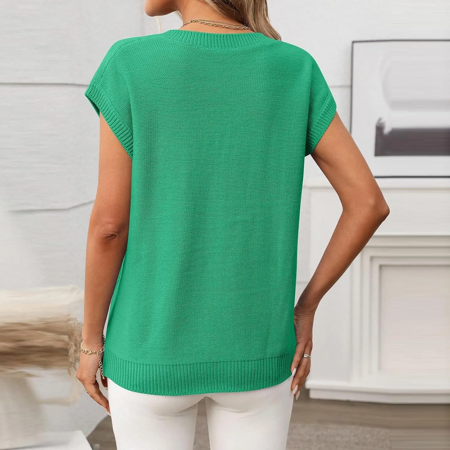 Womens Sweater Vest 2025 Summer V Neck Casual Cap Sleeve Shirts Loose Comfy Soft Cable Knit Pullover Tops Tunic Blouse
