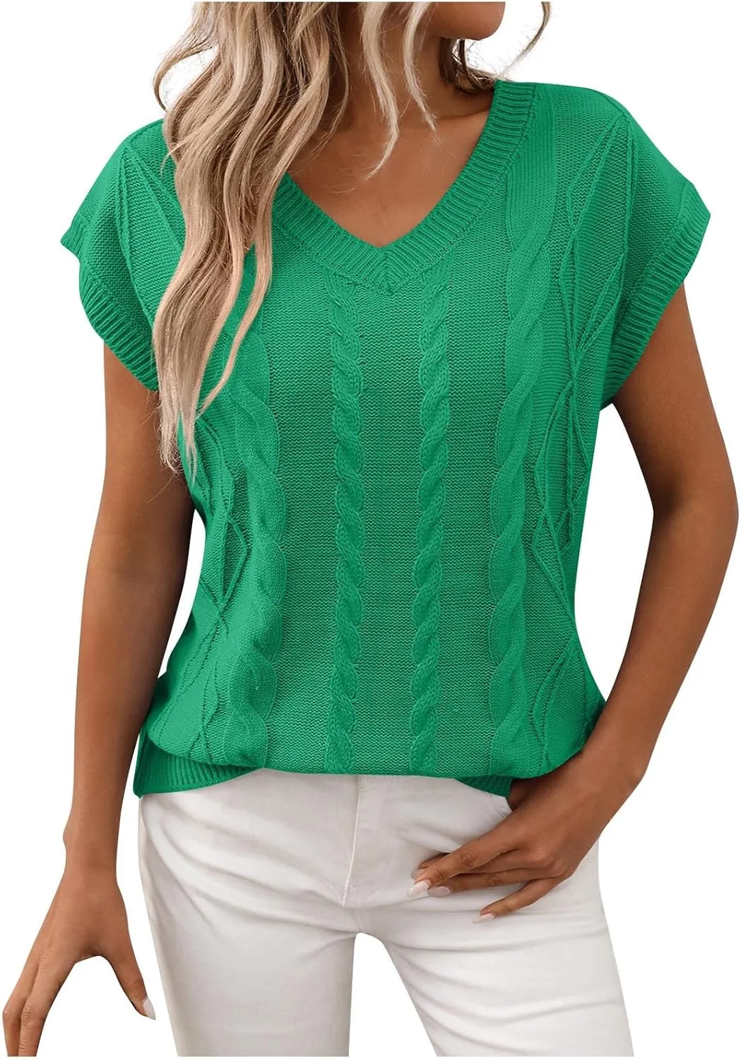 Womens Sweater Vest 2025 Summer V Neck Casual Cap Sleeve Shirts Loose Comfy Soft Cable Knit Pullover Tops Tunic Blouse