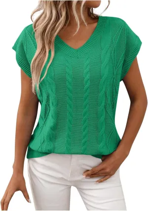 Womens Sweater Vest 2025 Summer V Neck Casual Cap Sleeve Shirts Loose Comfy Soft Cable Knit Pullover Tops Tunic Blouse