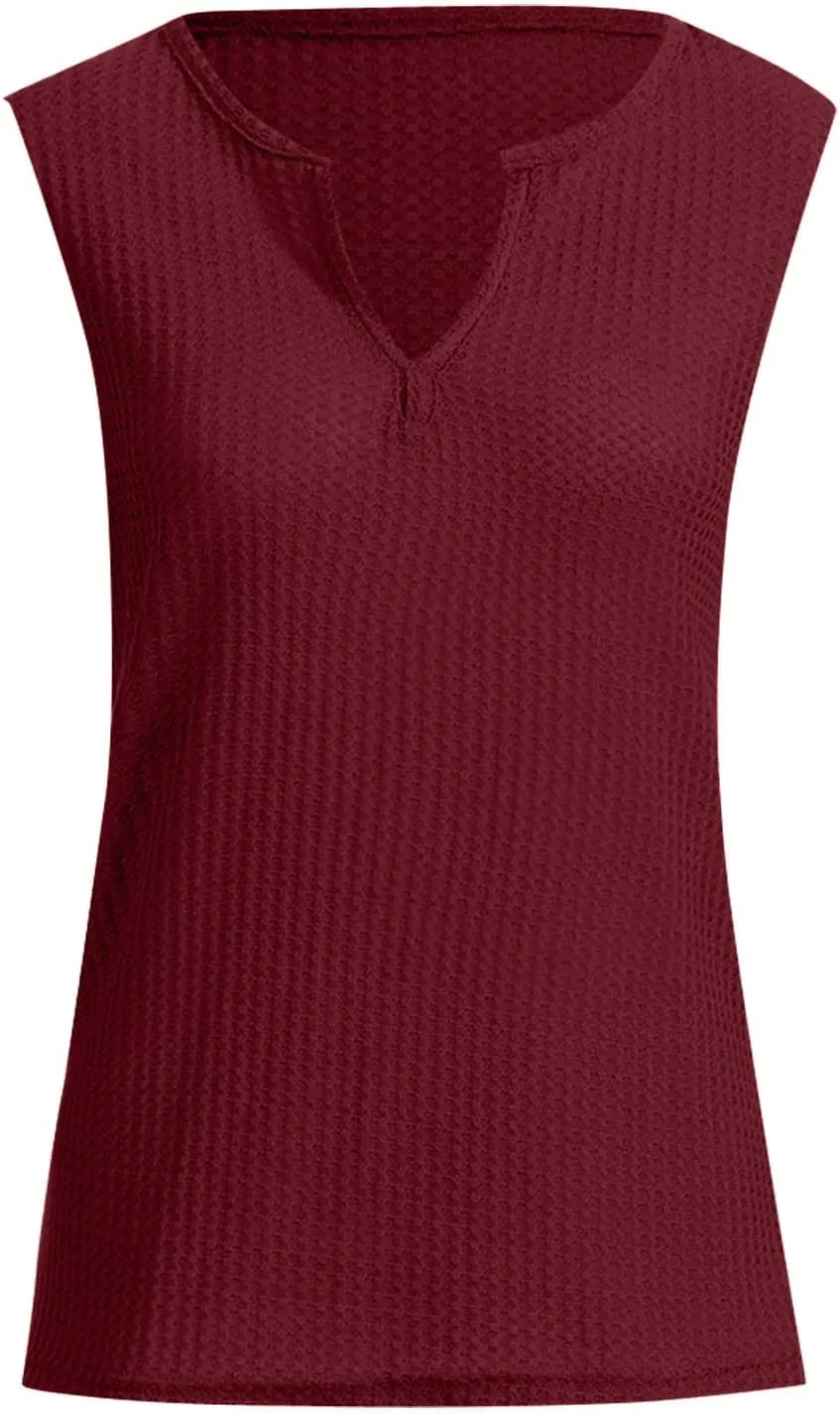 Women's Tank Tops Summer V Neck Waffle Shirts Casual Sleeveless Loose Tee Shirts Comfortable Soft Solid Color Tops
