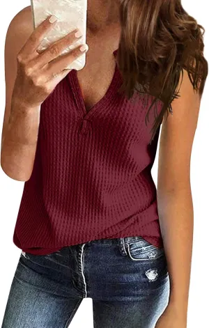 Women's Tank Tops Summer V Neck Waffle Shirts Casual Sleeveless Loose Tee Shirts Comfortable Soft Solid Color Tops