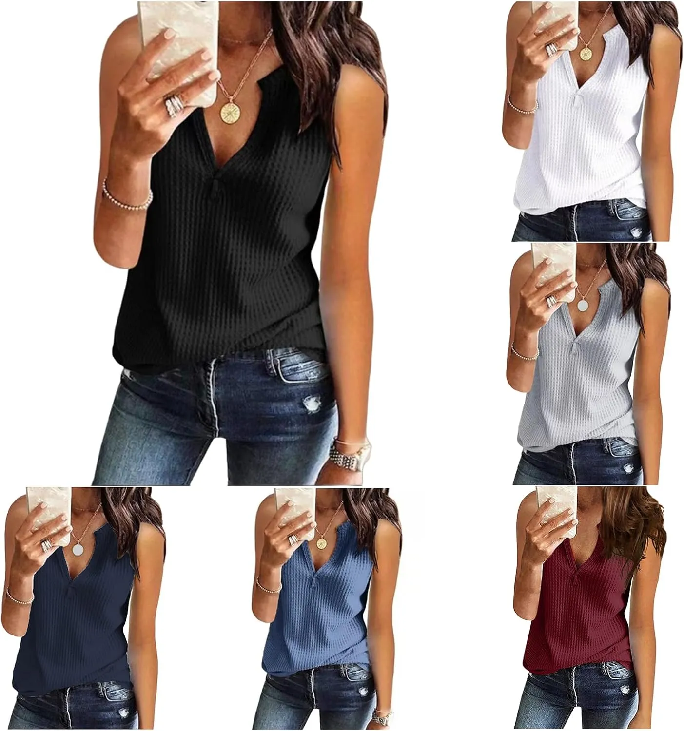 Women's Tank Tops Summer V Neck Waffle Shirts Casual Sleeveless Loose Tee Shirts Comfortable Soft Solid Color Tops
