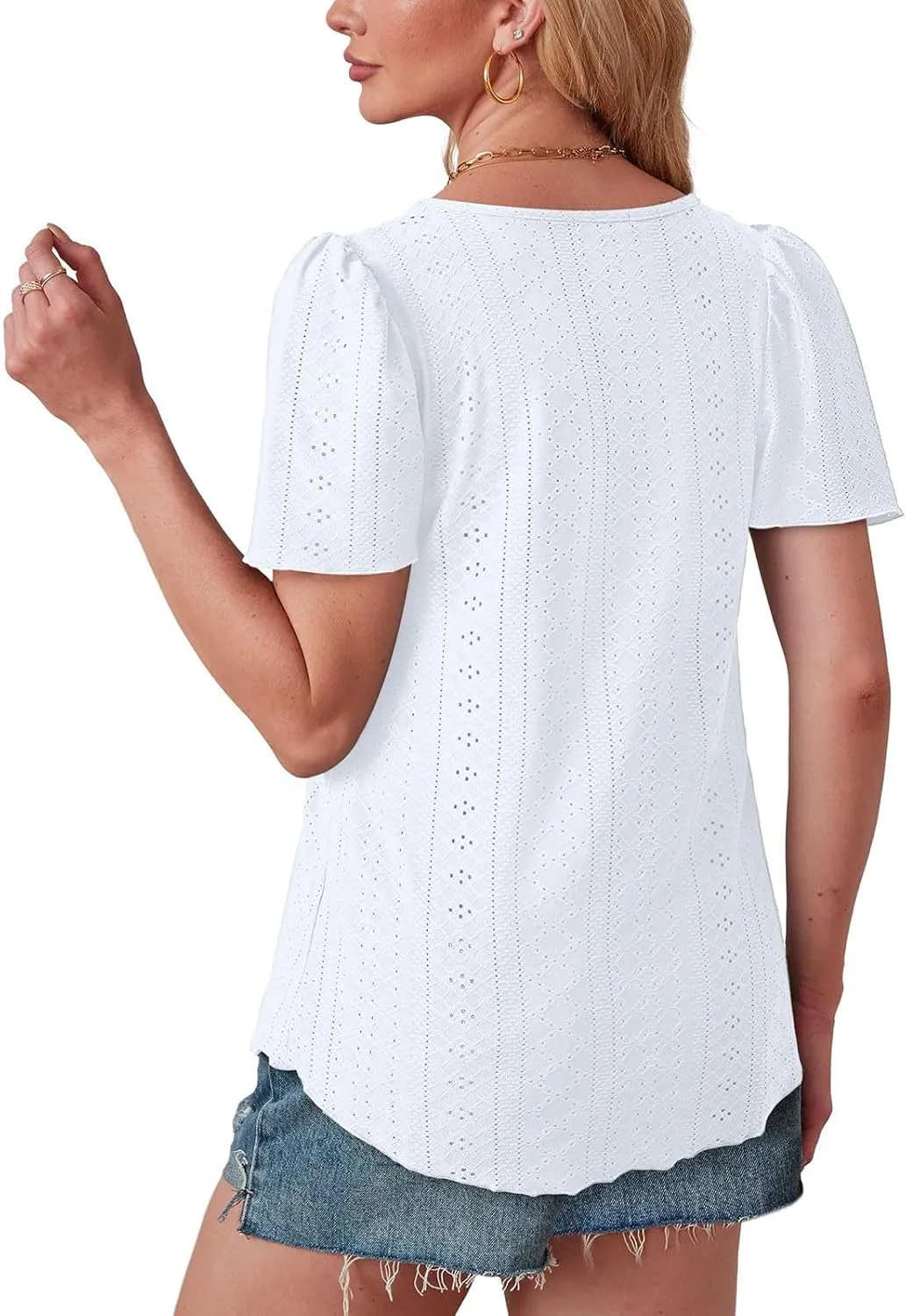 Womens Tops Eyelet Embroidery Crewneck T-Shirts Summer Casual Loose Fit Tunic Blouses Business Work Shirts