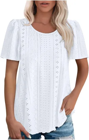 Womens Tops Eyelet Embroidery Crewneck T-Shirts Summer Casual Loose Fit Tunic Blouses Business Work Shirts