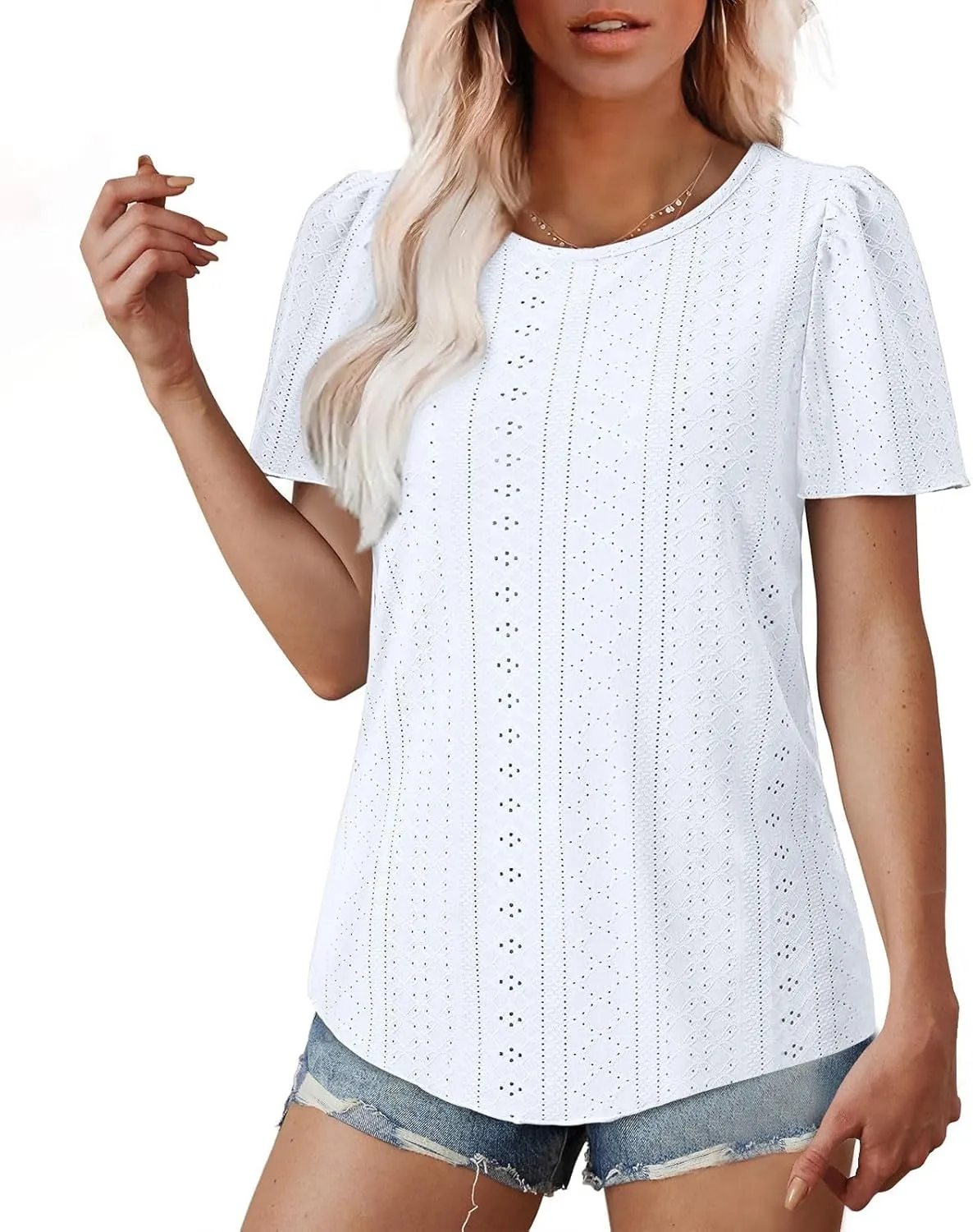 Womens Tops Eyelet Embroidery Crewneck T-Shirts Summer Casual Loose Fit Tunic Blouses Business Work Shirts