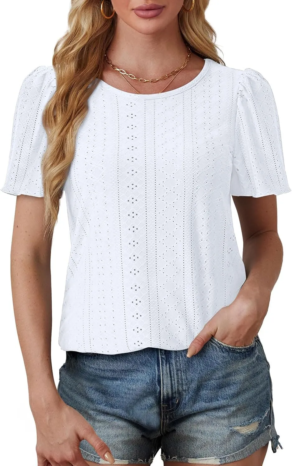 Womens Tops Eyelet Embroidery Crewneck T-Shirts Summer Casual Loose Fit Tunic Blouses Business Work Shirts