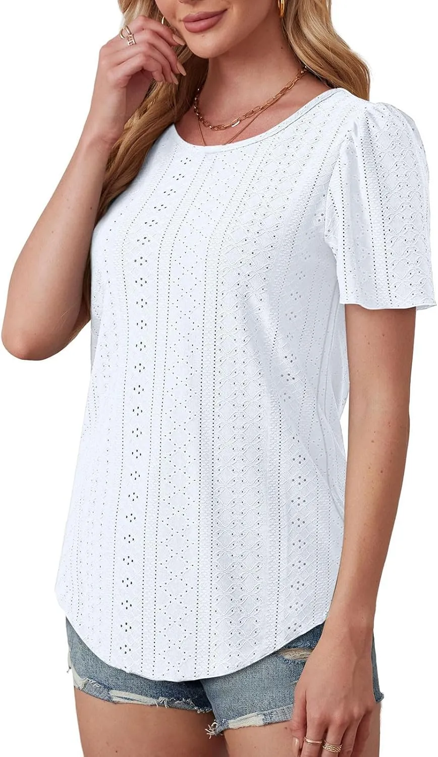 Womens Tops Eyelet Embroidery Crewneck T-Shirts Summer Casual Loose Fit Tunic Blouses Business Work Shirts