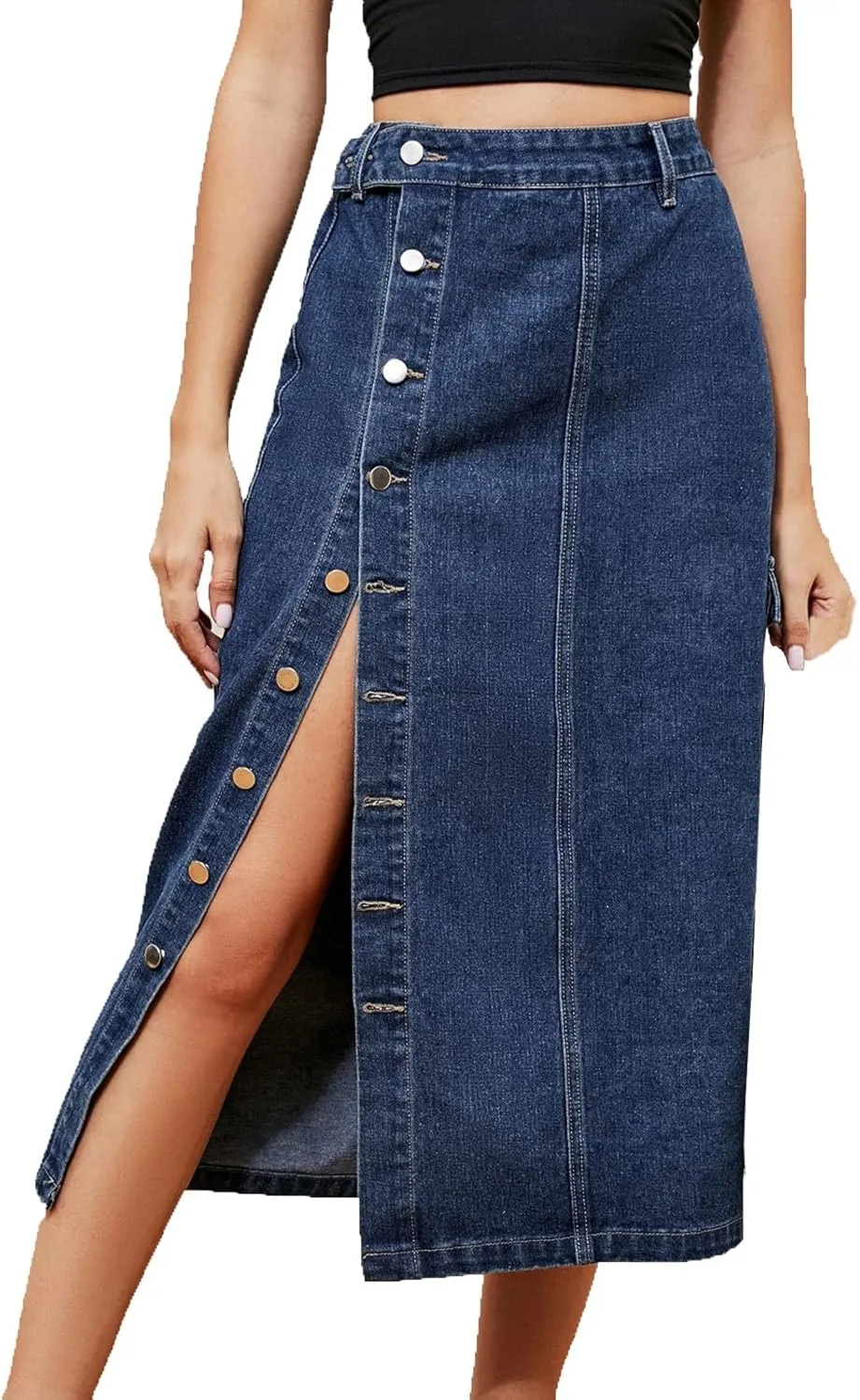 Womens Trendy Jean Skirts Sexy Split Denim Midi Skirt Solid Casual Half Dress Side Button Mid-Calf Length Skirts