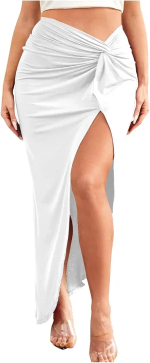 Women's Twist Front Slit Thigh Long Skirt Sexy High Waisted Asymmetrical Maxi Skirts Summer Beach Outfits Clothes