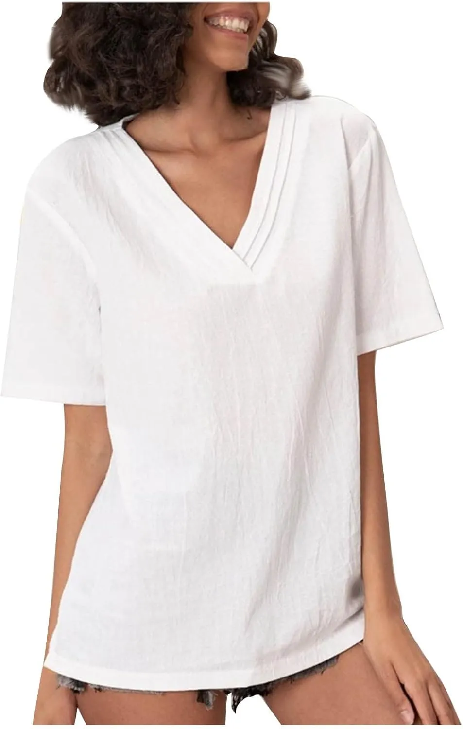 Womens V Neck Short Sleeve T Shirts Casual Summer Tops Shirts Loose Fit Classic Comfy Cotton Linen Fashion Blouse Tees