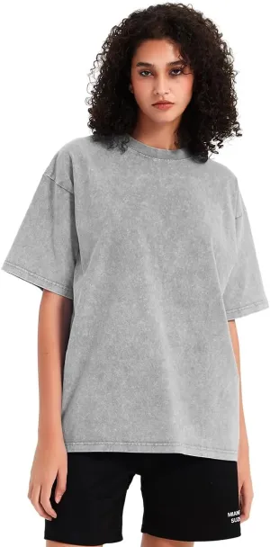 Womens Washed Vintage T-Shirt Summer Casual T Shirts Thick Short Sleeve Loose Crew Neck Cotton Tops