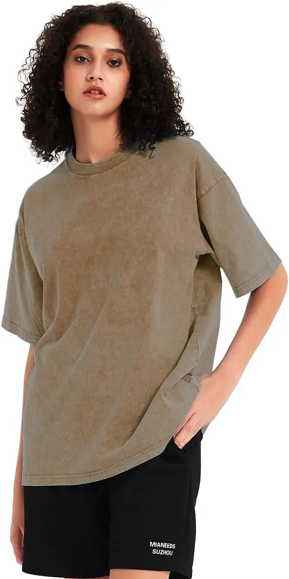 Womens Washed Vintage T-Shirt Summer Casual T Shirts Thick Short Sleeve Loose Crew Neck Cotton Tops