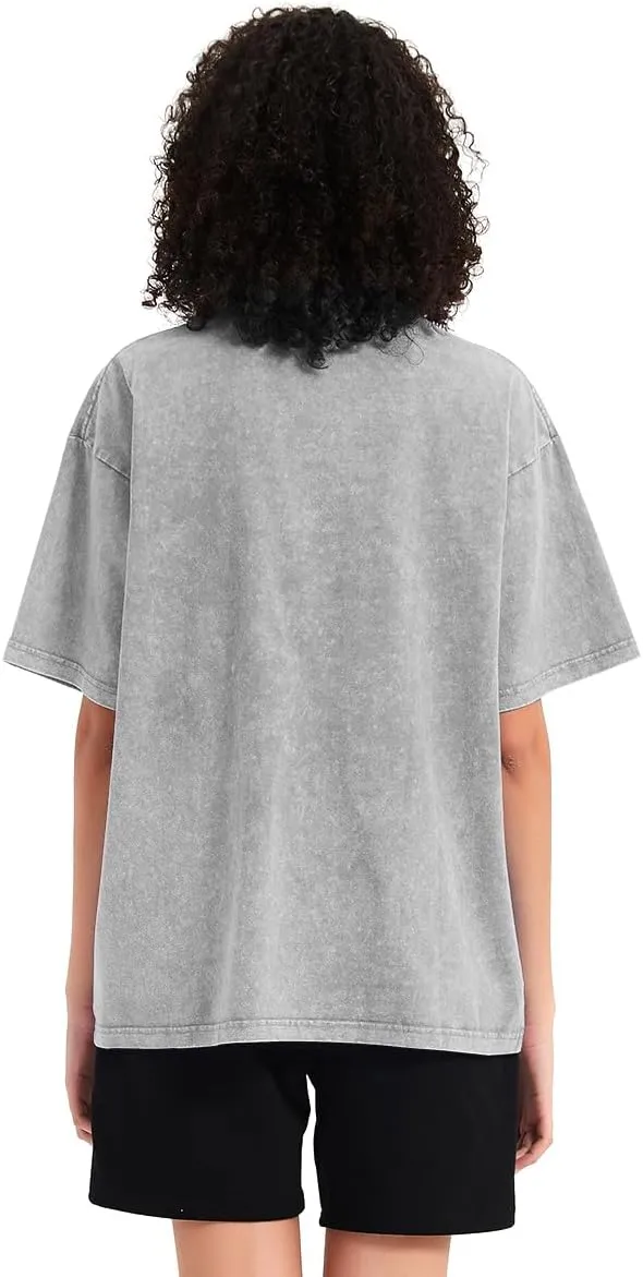Womens Washed Vintage T-Shirt Summer Casual T Shirts Thick Short Sleeve Loose Crew Neck Cotton Tops