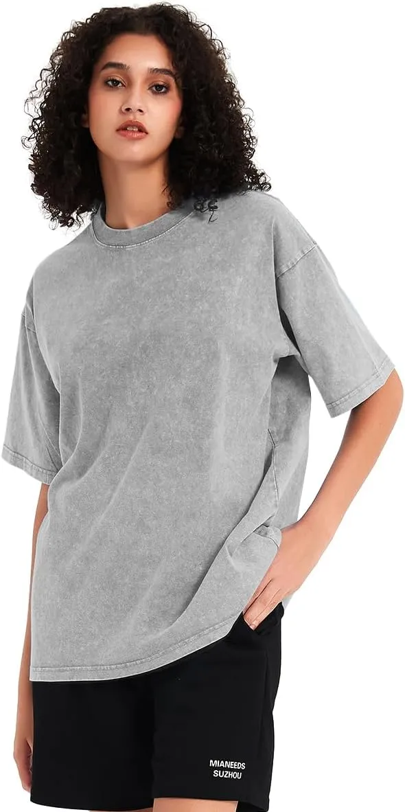 Womens Washed Vintage T-Shirt Summer Casual T Shirts Thick Short Sleeve Loose Crew Neck Cotton Tops
