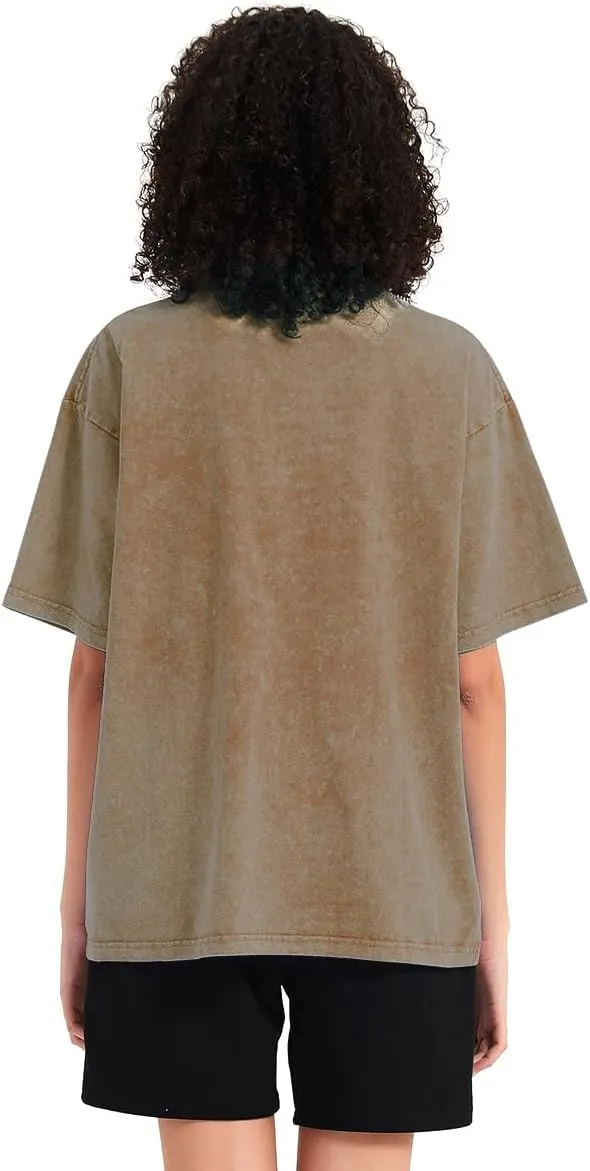 Womens Washed Vintage T-Shirt Summer Casual T Shirts Thick Short Sleeve Loose Crew Neck Cotton Tops