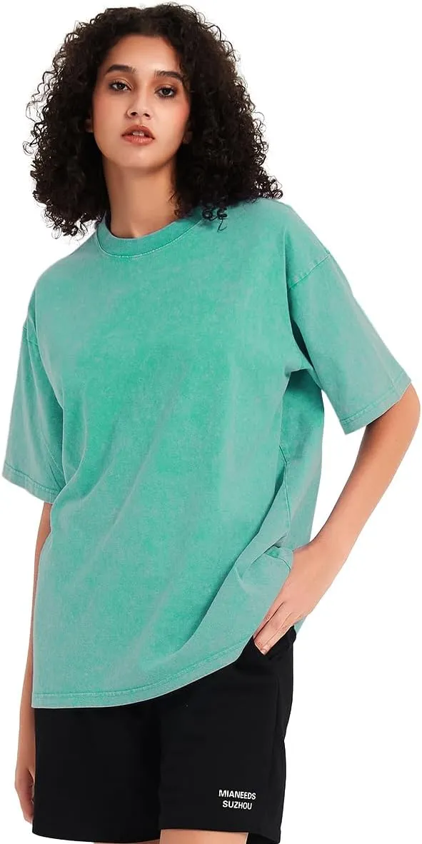 Womens Washed Vintage T-Shirt Summer Casual T Shirts Thick Short Sleeve Loose Crew Neck Cotton Tops