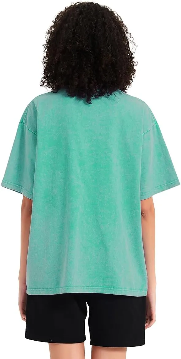 Womens Washed Vintage T-Shirt Summer Casual T Shirts Thick Short Sleeve Loose Crew Neck Cotton Tops
