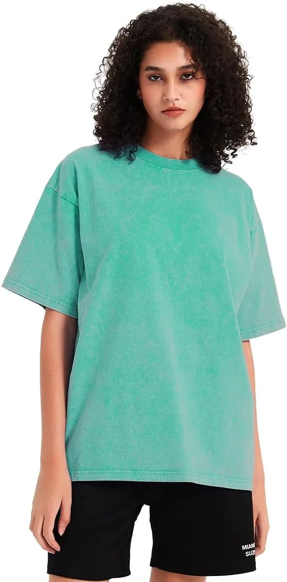 Womens Washed Vintage T-Shirt Summer Casual T Shirts Thick Short Sleeve Loose Crew Neck Cotton Tops