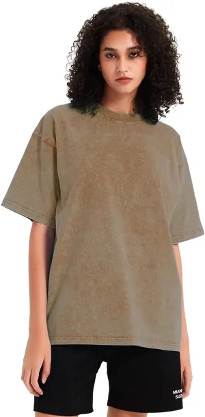 Womens Washed Vintage T-Shirt Summer Casual T Shirts Thick Short Sleeve Loose Crew Neck Cotton Tops