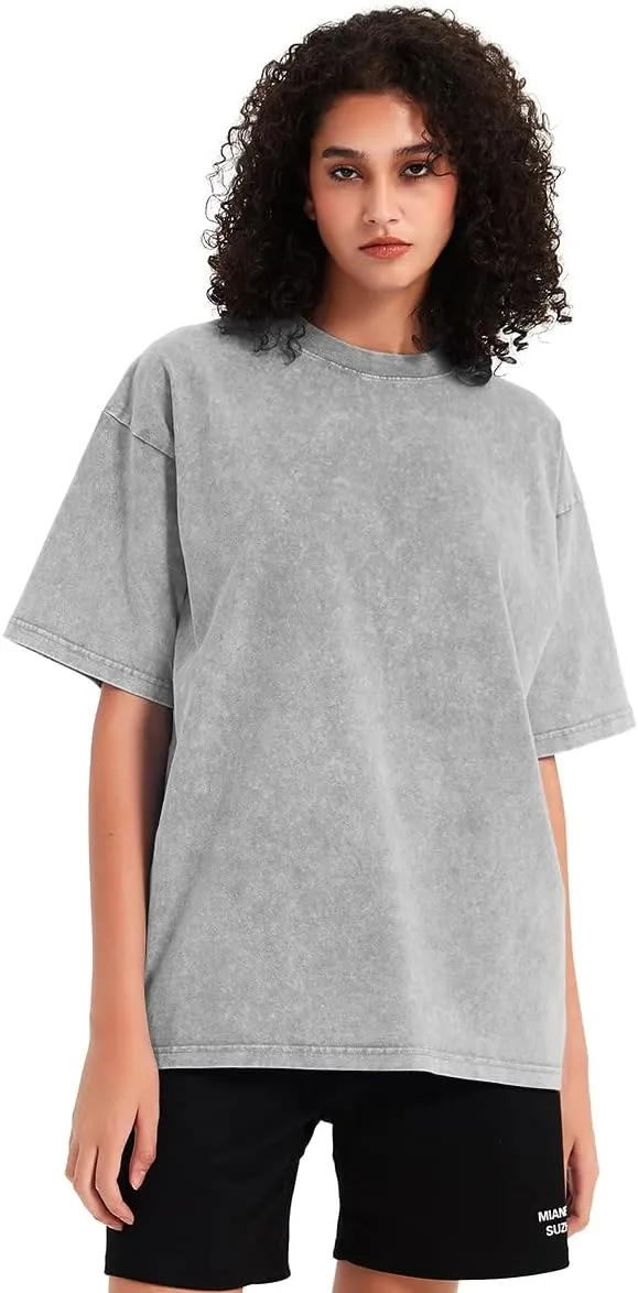 Womens Washed Vintage T-Shirt Summer Casual T Shirts Thick Short Sleeve Loose Crew Neck Cotton Tops