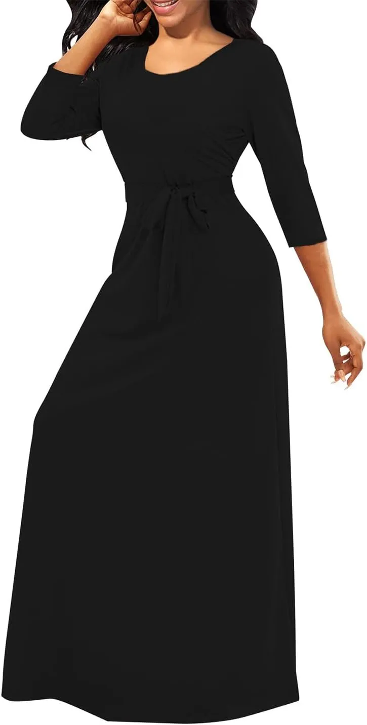 Yajedo Women's Maxi Dress Casual 2024 3/4 Sleeve Crewneck Wrap Floor Length Sundress Plus Size Maxi Dresses with Belt