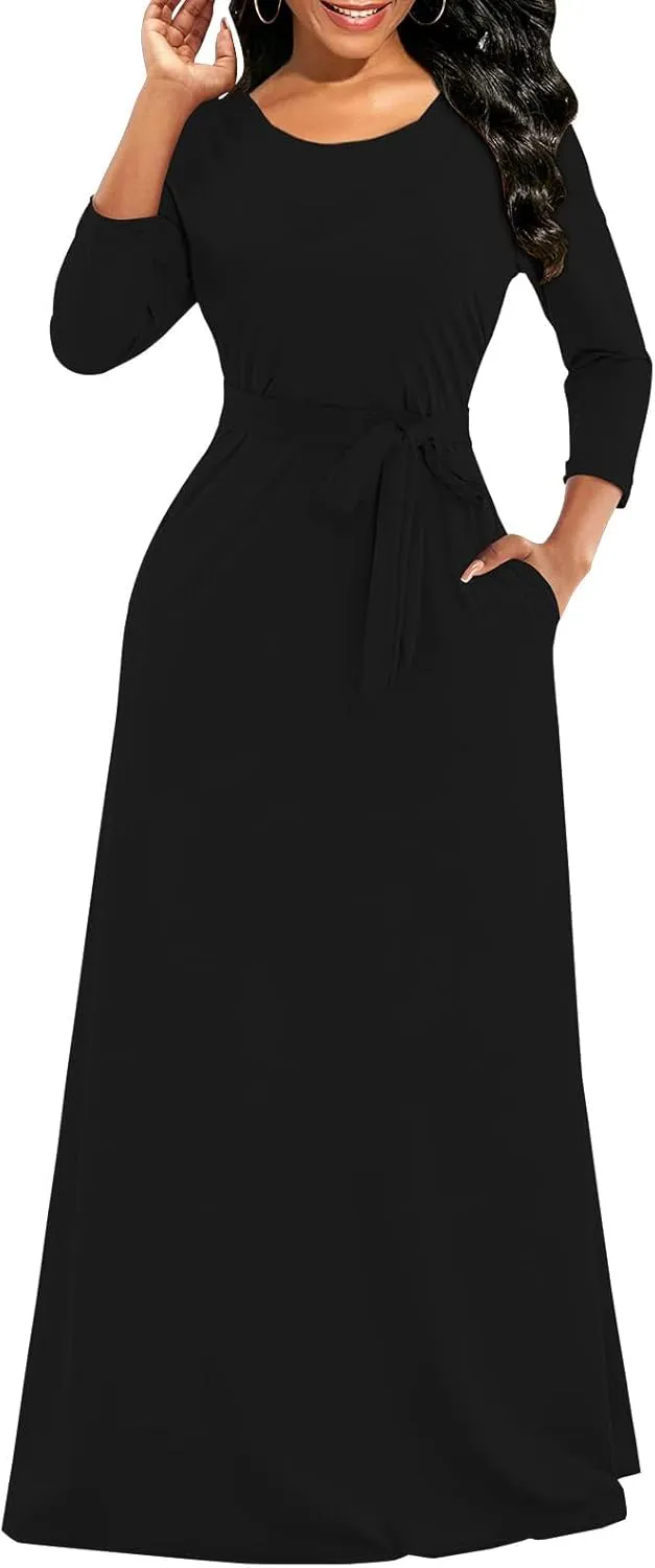 Yajedo Women's Maxi Dress Casual 2024 3/4 Sleeve Crewneck Wrap Floor Length Sundress Plus Size Maxi Dresses with Belt
