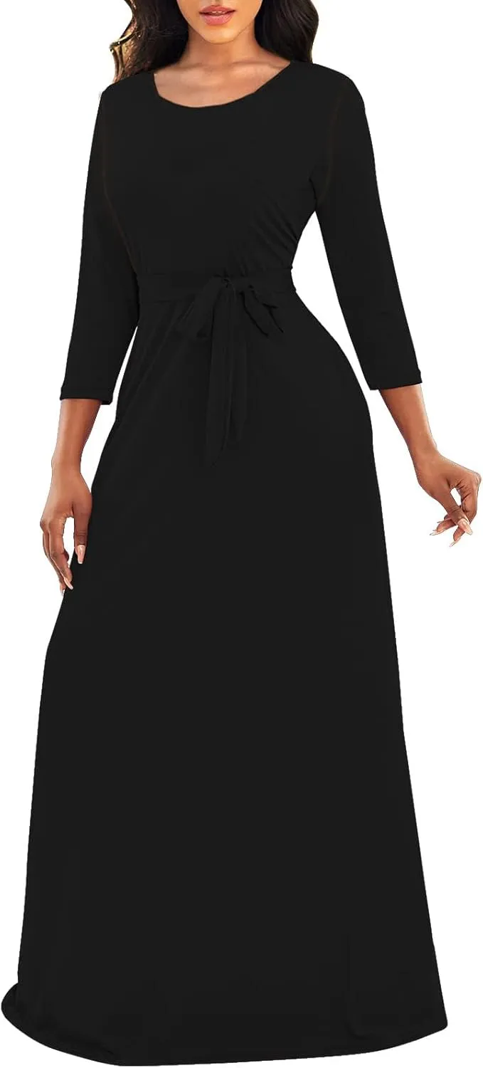 Yajedo Women's Maxi Dress Casual 2024 3/4 Sleeve Crewneck Wrap Floor Length Sundress Plus Size Maxi Dresses with Belt