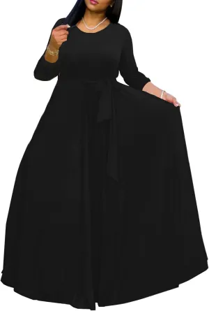 Yajedo Women's Maxi Dress Casual 2024 3/4 Sleeve Crewneck Wrap Floor Length Sundress Plus Size Maxi Dresses with Belt