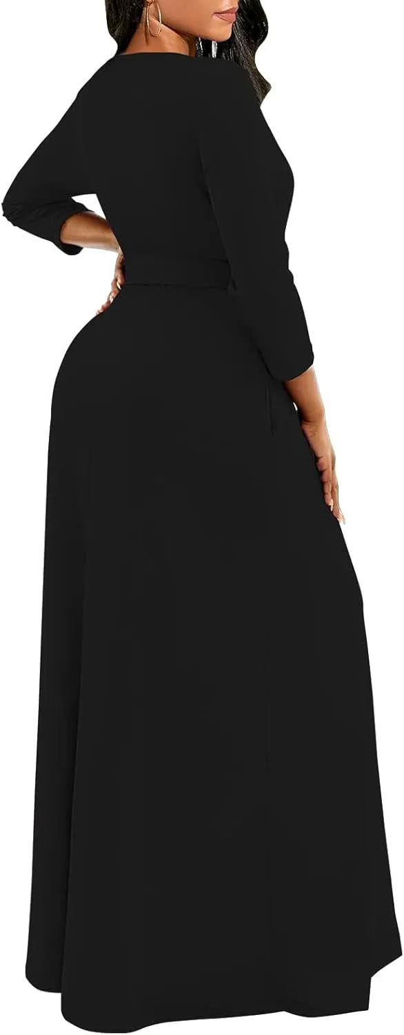 Yajedo Women's Maxi Dress Casual 2024 3/4 Sleeve Crewneck Wrap Floor Length Sundress Plus Size Maxi Dresses with Belt