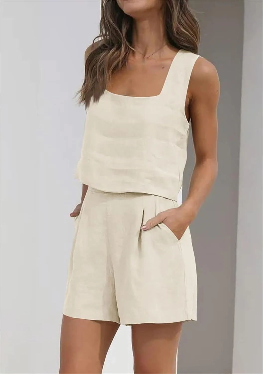 YMING Womens 2 Piece Outfits Linen Matching Sets Sleeveless Crop Tank Tops and High Waist Lounge Shorts with Pockets