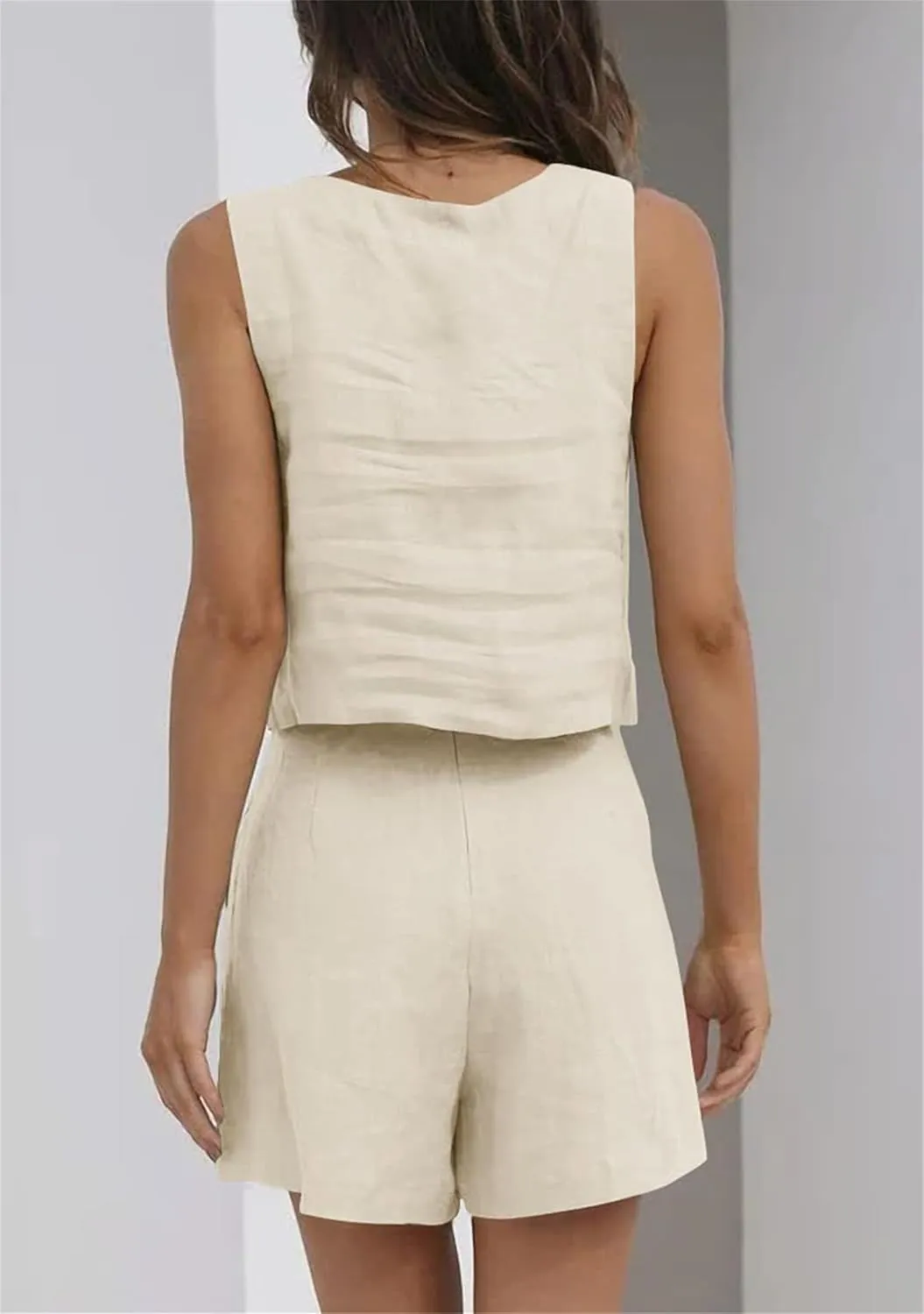 YMING Womens 2 Piece Outfits Linen Matching Sets Sleeveless Crop Tank Tops and High Waist Lounge Shorts with Pockets