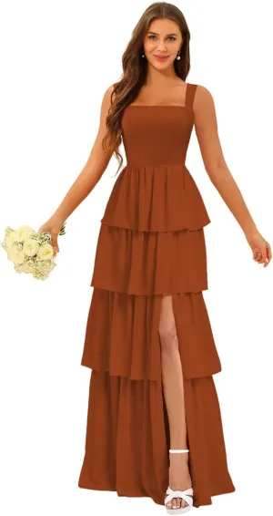 YOFF Tiered Ruffles Bridesmaid Dresses with Slit 2025 Chiffon Formal Evening Dresses for Women YO239