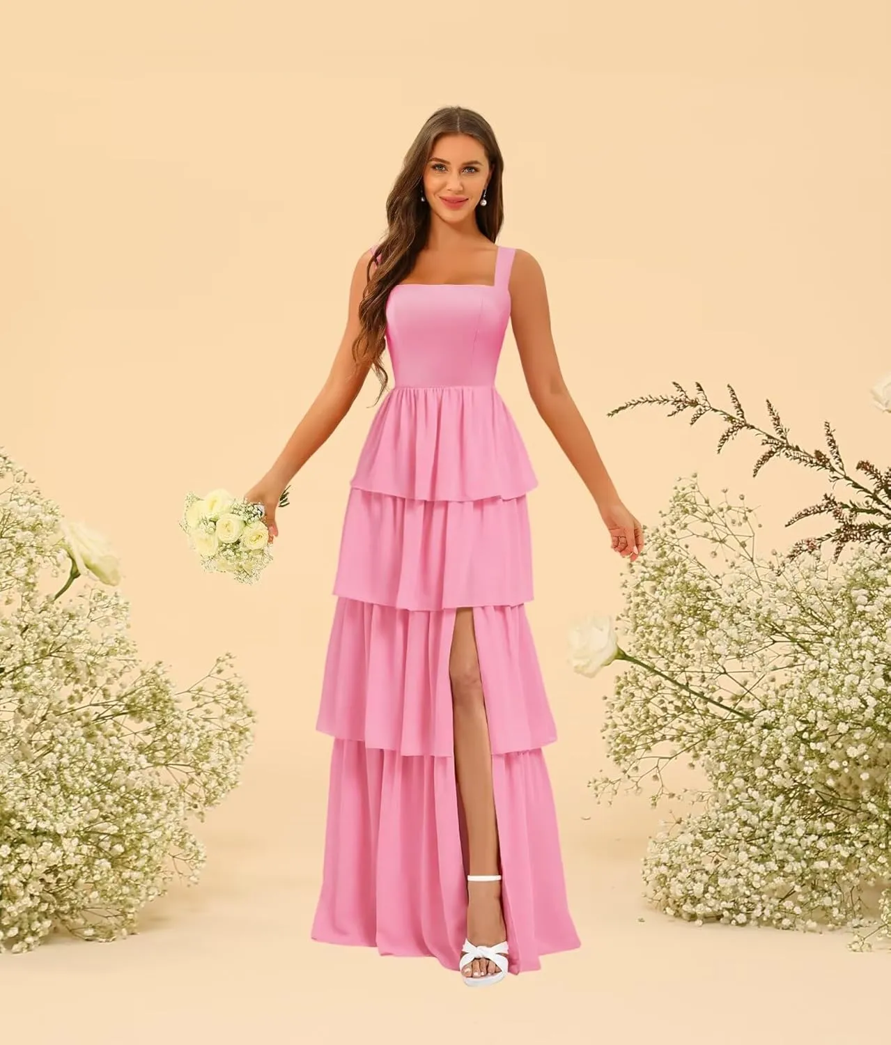 YOFF Tiered Ruffles Bridesmaid Dresses with Slit 2025 Chiffon Formal Evening Dresses for Women YO239