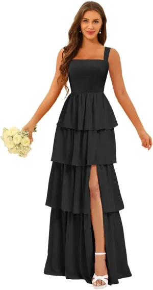 YOFF Tiered Ruffles Bridesmaid Dresses with Slit 2025 Chiffon Formal Evening Dresses for Women YO239