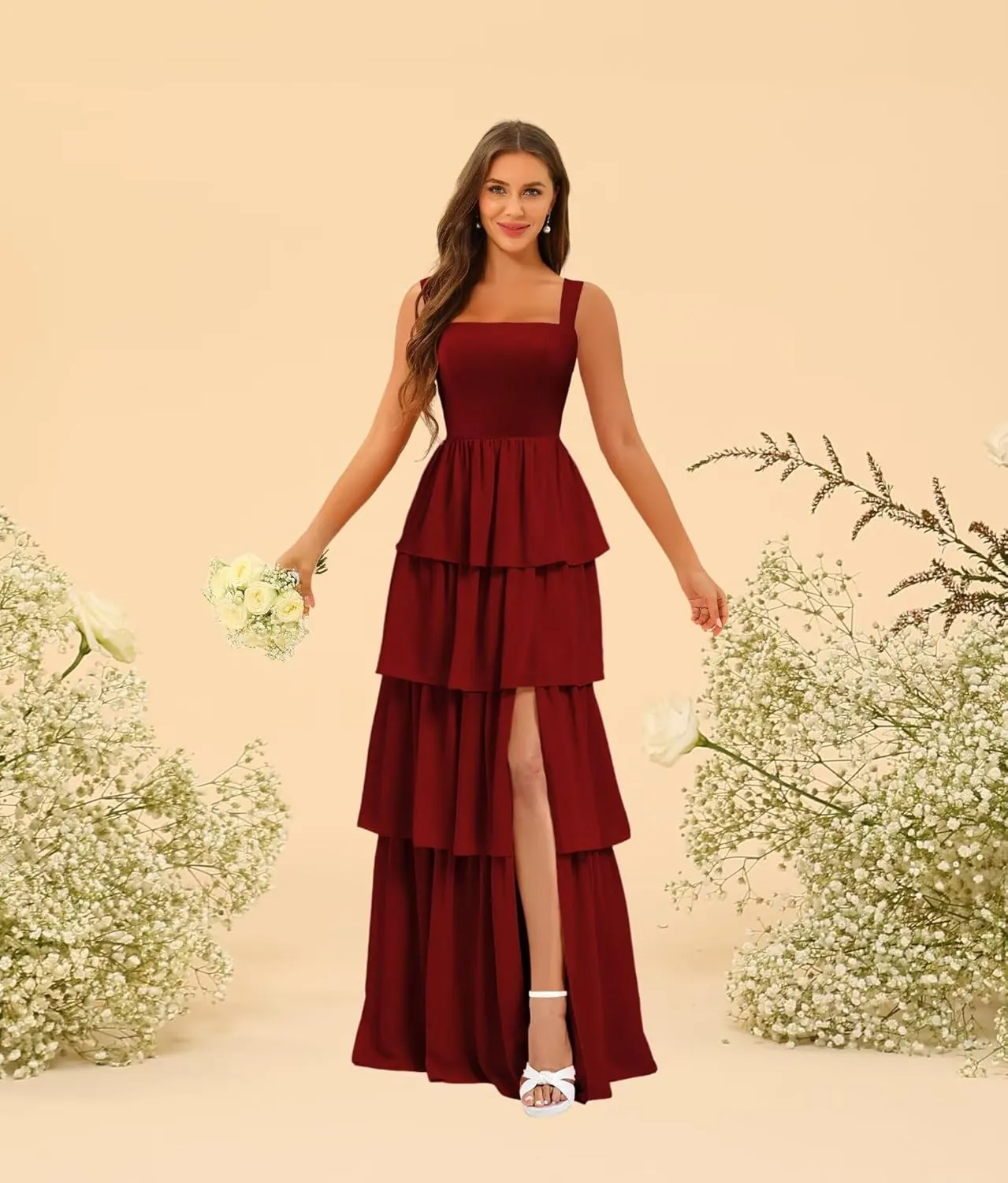 YOFF Tiered Ruffles Bridesmaid Dresses with Slit 2025 Chiffon Formal Evening Dresses for Women YO239