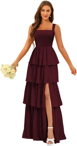 YOFF Tiered Ruffles Bridesmaid Dresses with Slit 2025 Chiffon Formal Evening Dresses for Women YO239