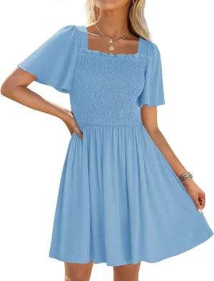 ZESICA Women's 2025 Summer Casual Mini Dress Flutter Short Sleeve Square Neck Smocked Tiered Ruffle Flowy Dresses