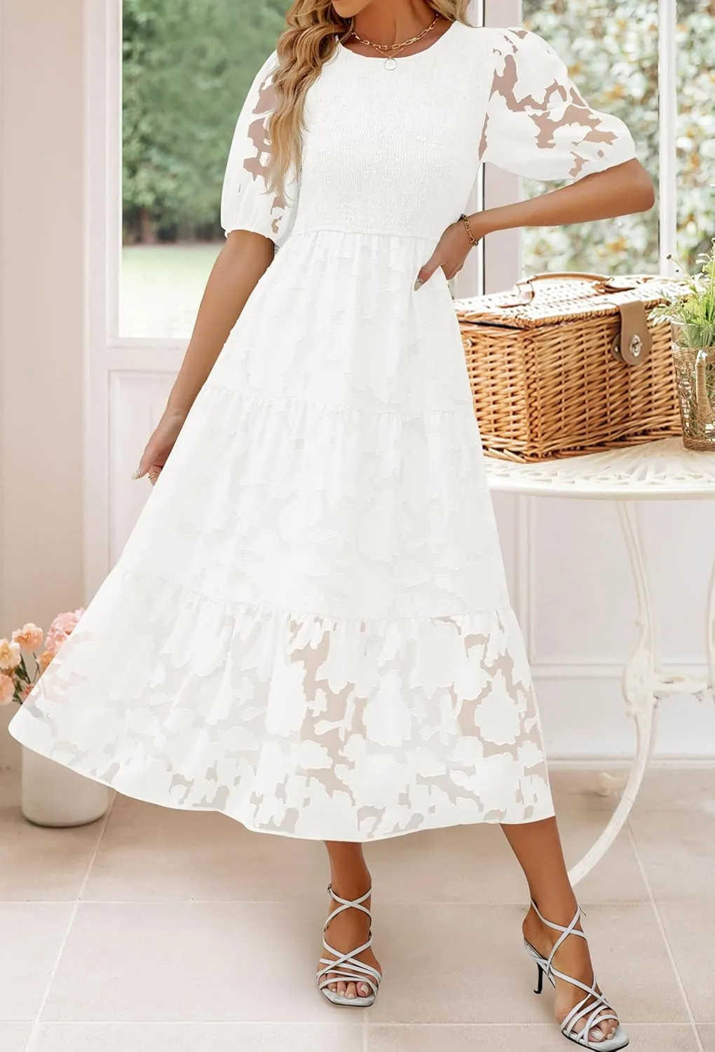ZESICA Women's 2025 Summer Short Puff Sleeve Crewneck Smocked Floral Lace Flowy A Line Tiered Maxi Dresses