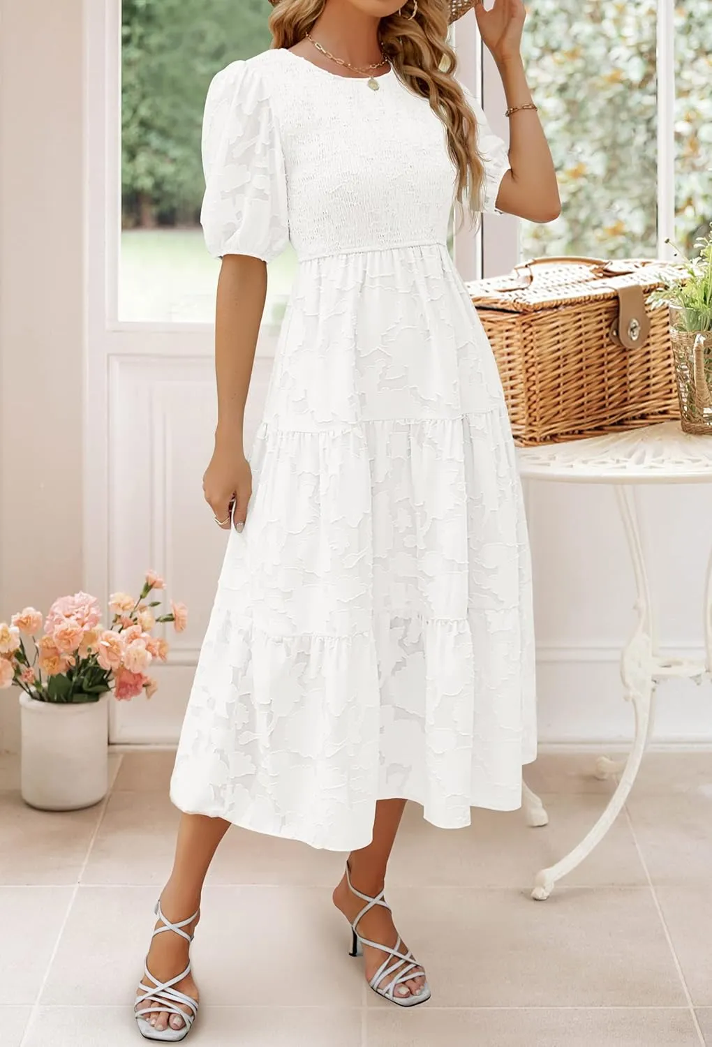 ZESICA Women's 2025 Summer Short Puff Sleeve Crewneck Smocked Floral Lace Flowy A Line Tiered Maxi Dresses