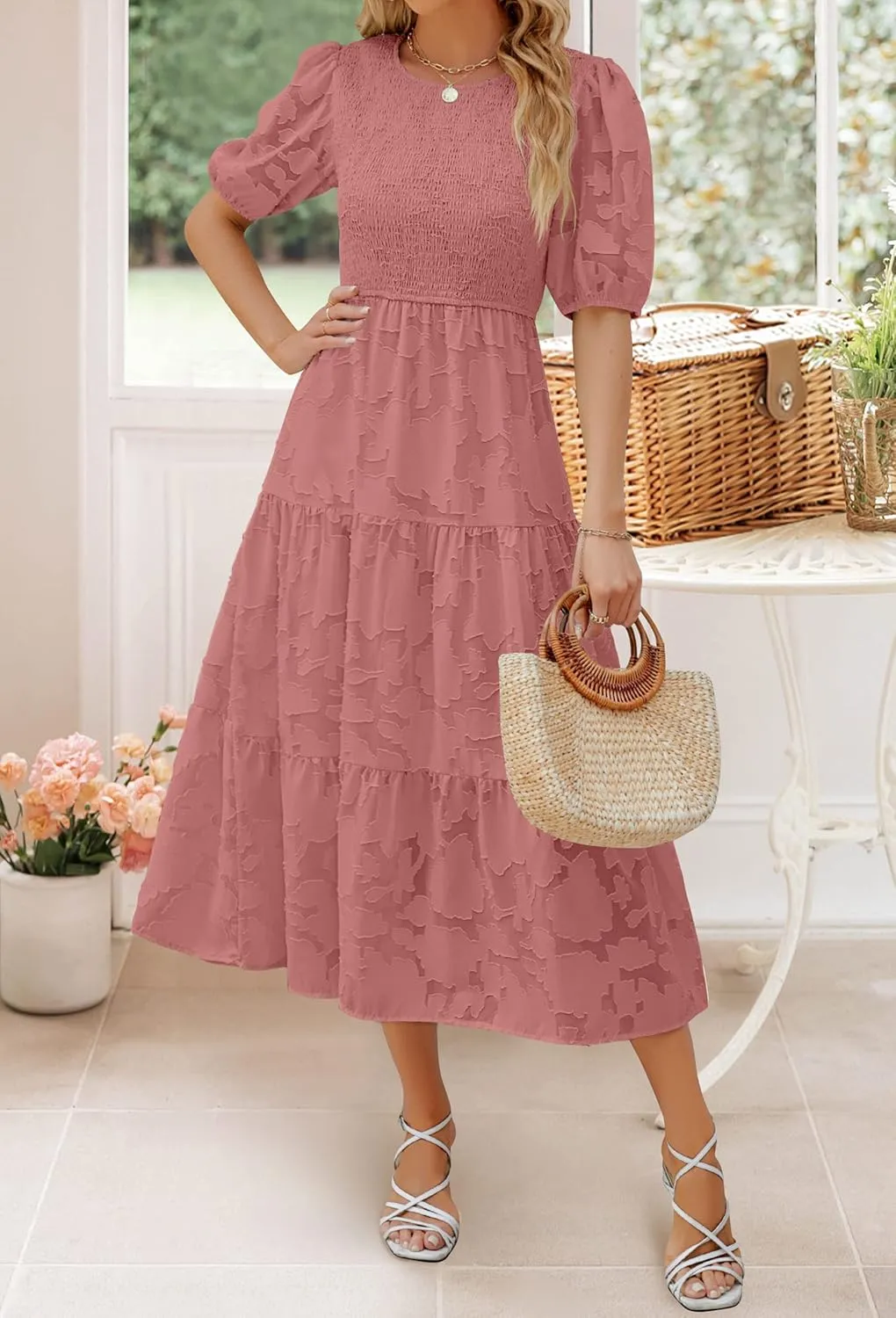 ZESICA Women's 2025 Summer Short Puff Sleeve Crewneck Smocked Floral Lace Flowy A Line Tiered Maxi Dresses