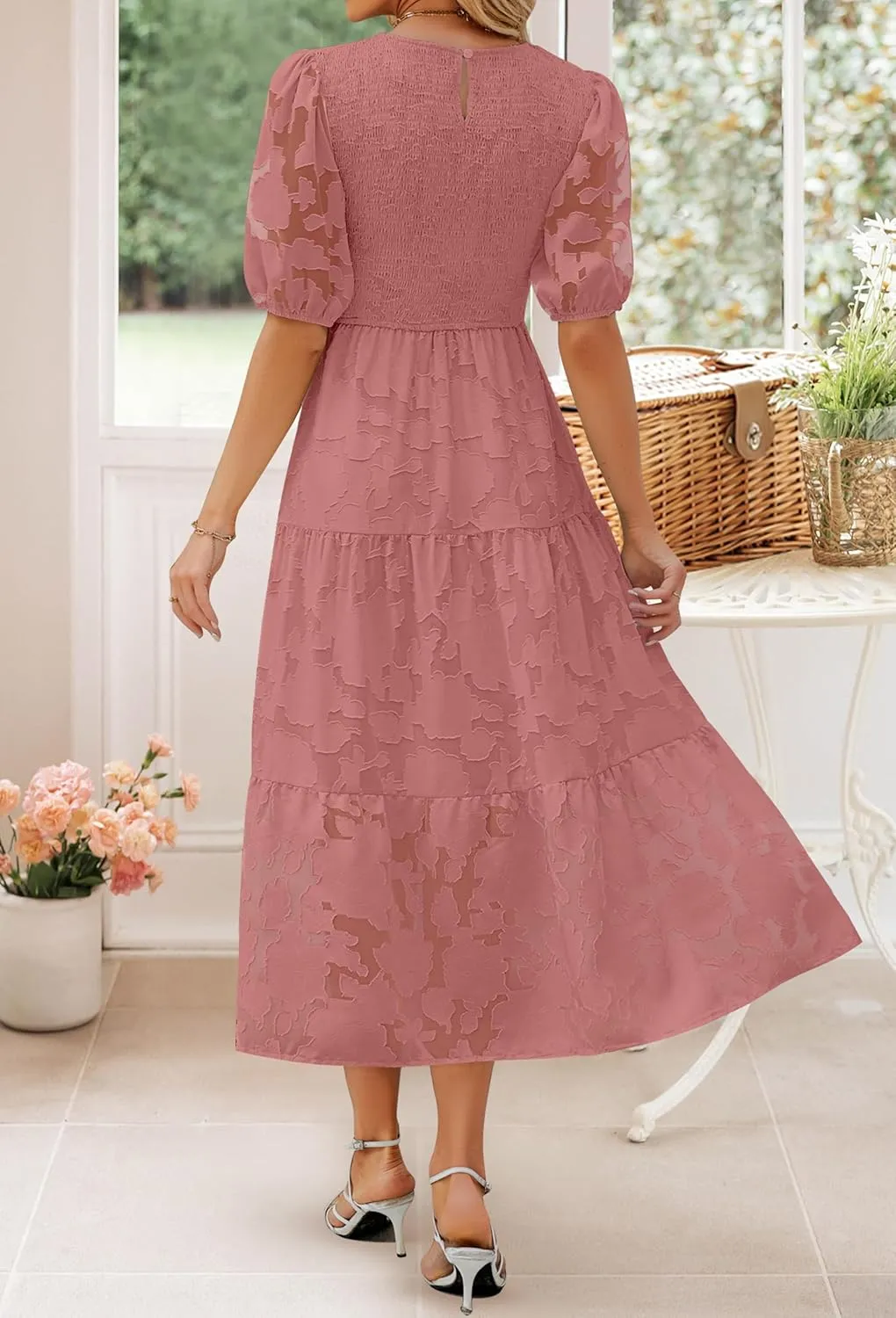 ZESICA Women's 2025 Summer Short Puff Sleeve Crewneck Smocked Floral Lace Flowy A Line Tiered Maxi Dresses