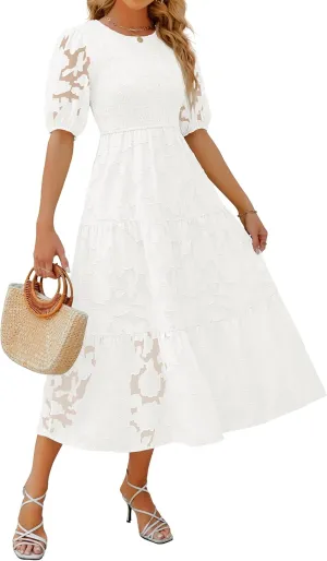 ZESICA Women's 2025 Summer Short Puff Sleeve Crewneck Smocked Floral Lace Flowy A Line Tiered Maxi Dresses