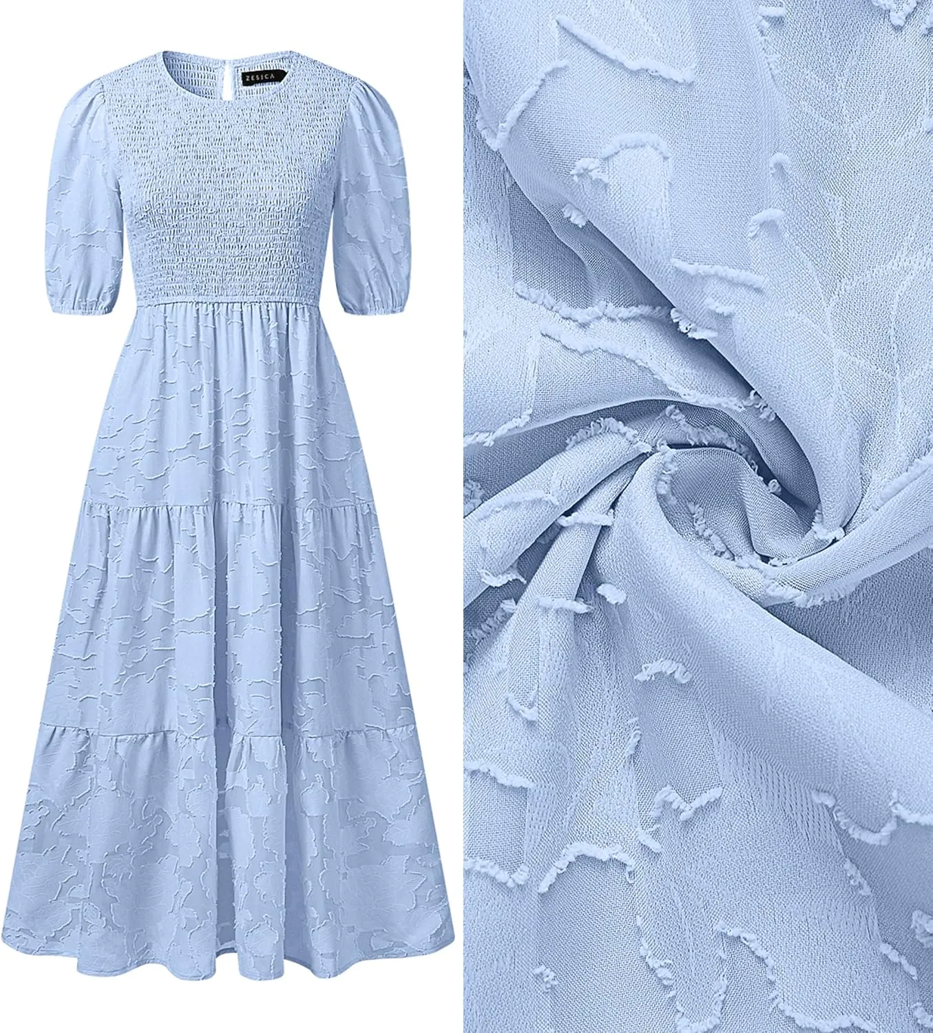ZESICA Women's 2025 Summer Short Puff Sleeve Crewneck Smocked Floral Lace Flowy A Line Tiered Maxi Dresses