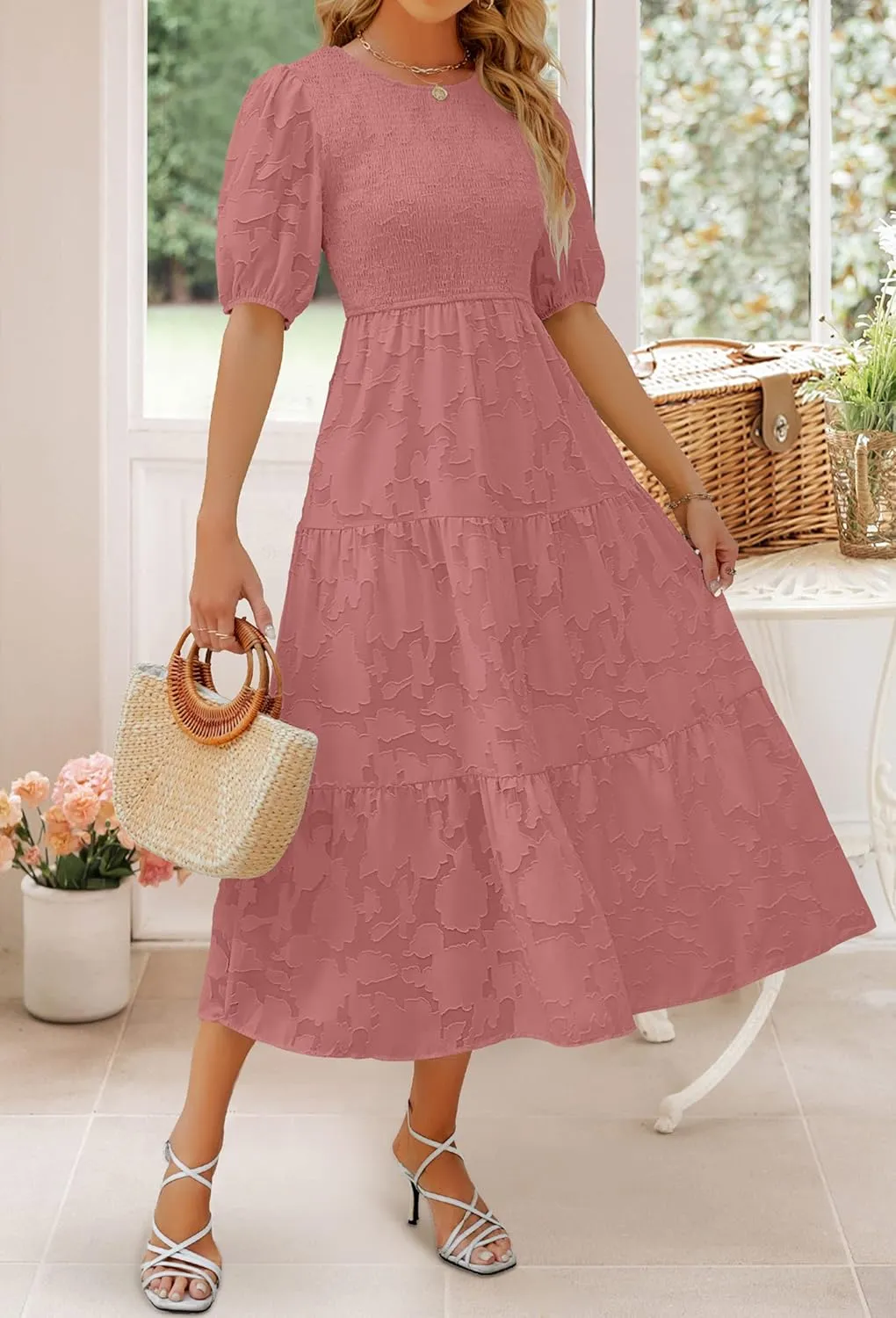 ZESICA Women's 2025 Summer Short Puff Sleeve Crewneck Smocked Floral Lace Flowy A Line Tiered Maxi Dresses