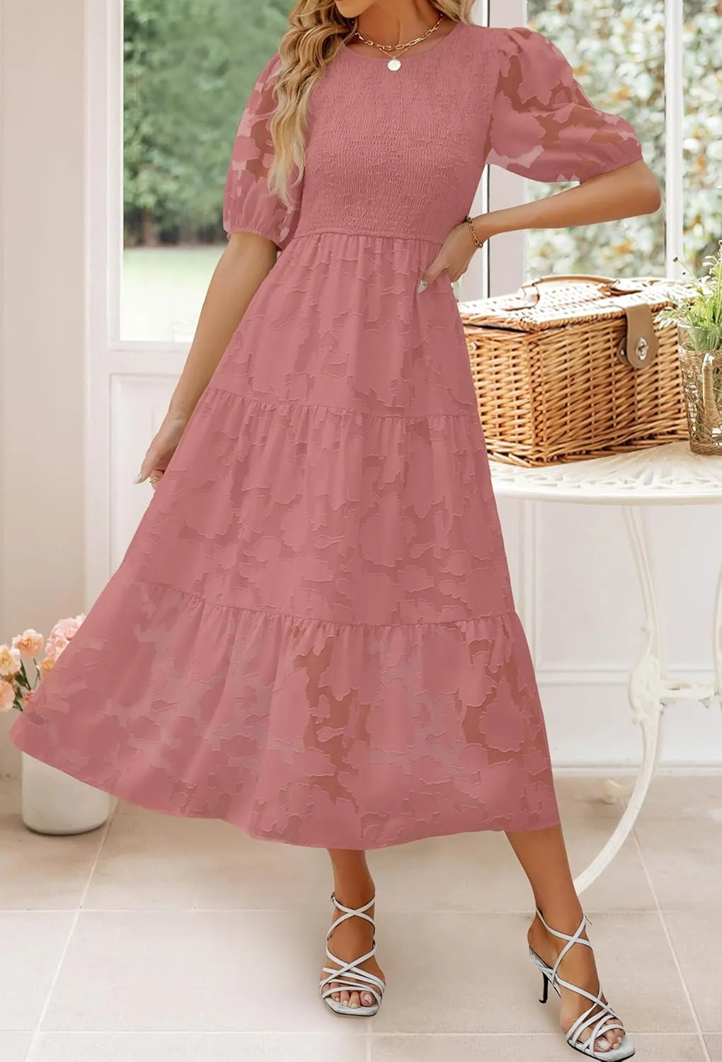 ZESICA Women's 2025 Summer Short Puff Sleeve Crewneck Smocked Floral Lace Flowy A Line Tiered Maxi Dresses
