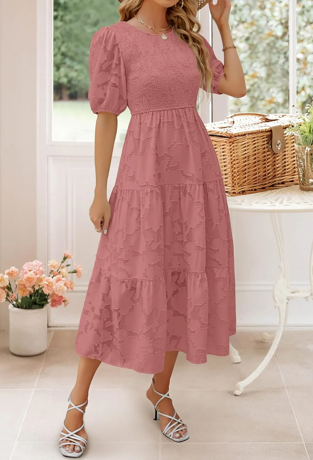 ZESICA Women's 2025 Summer Short Puff Sleeve Crewneck Smocked Floral Lace Flowy A Line Tiered Maxi Dresses